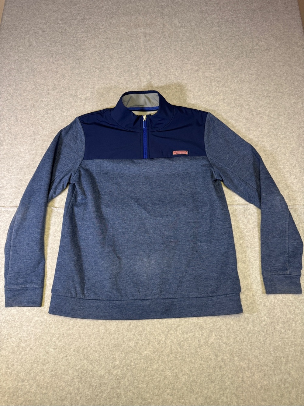 Vineyard Vines Navy Two-Tone Pullover with Pink Logo Patch small
